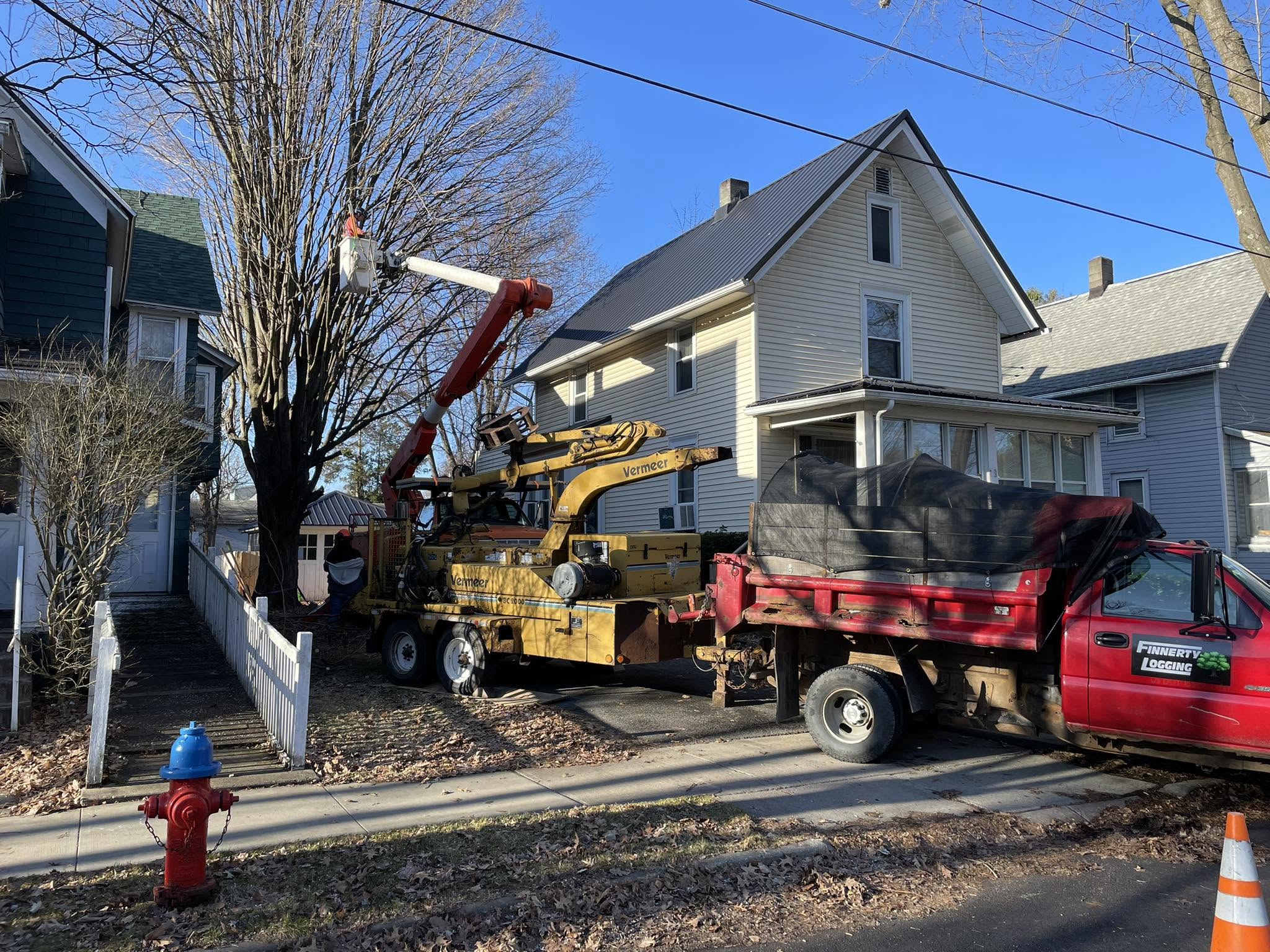 Chipper and dump truck on a street-side job