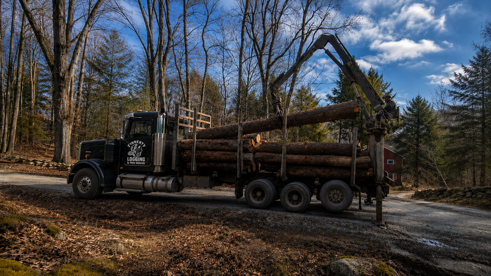 Finnerty Logging truck loaded with pine, knuckleboom at work