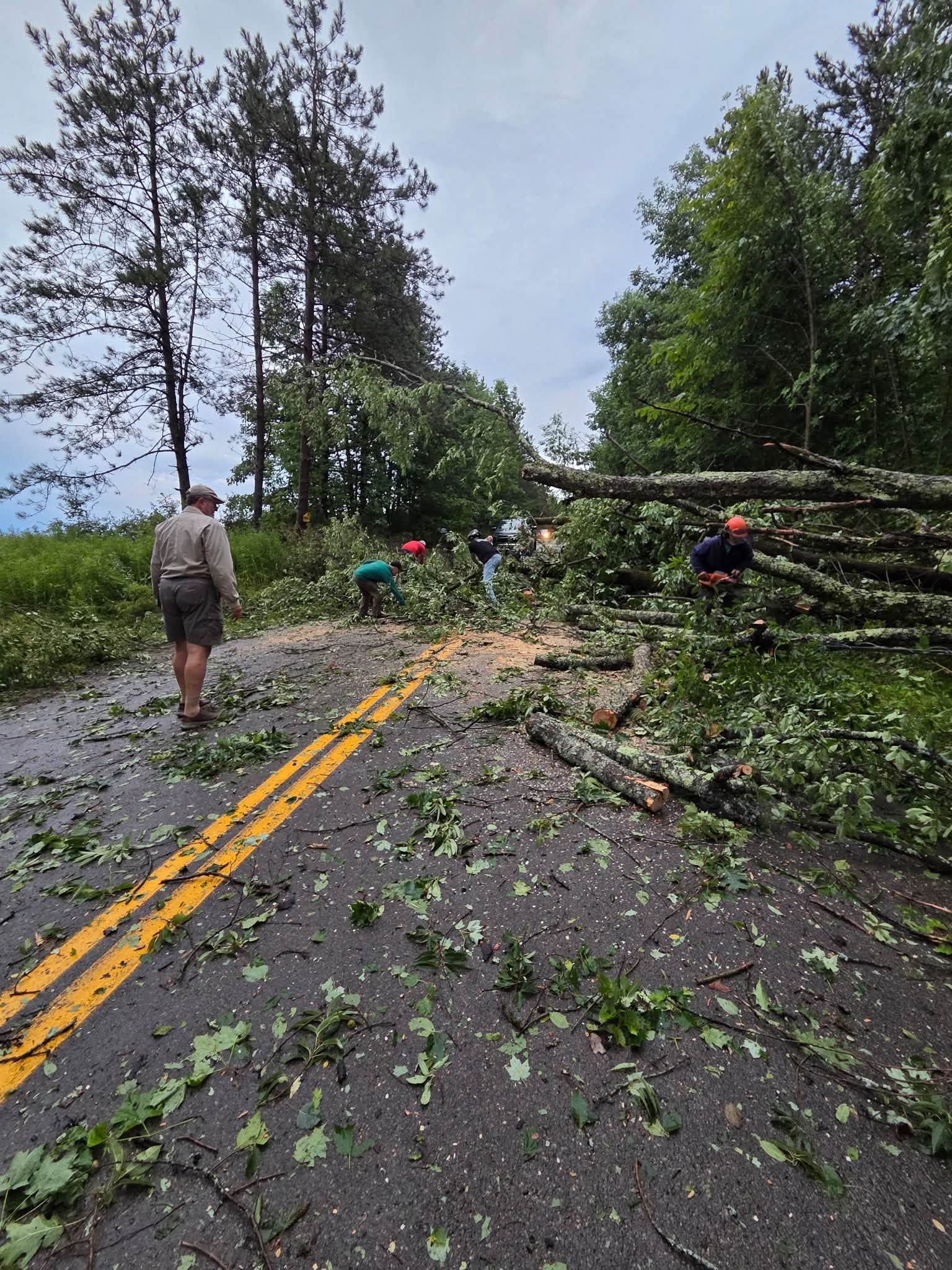 Neighbors working together to clear storm debris from the road